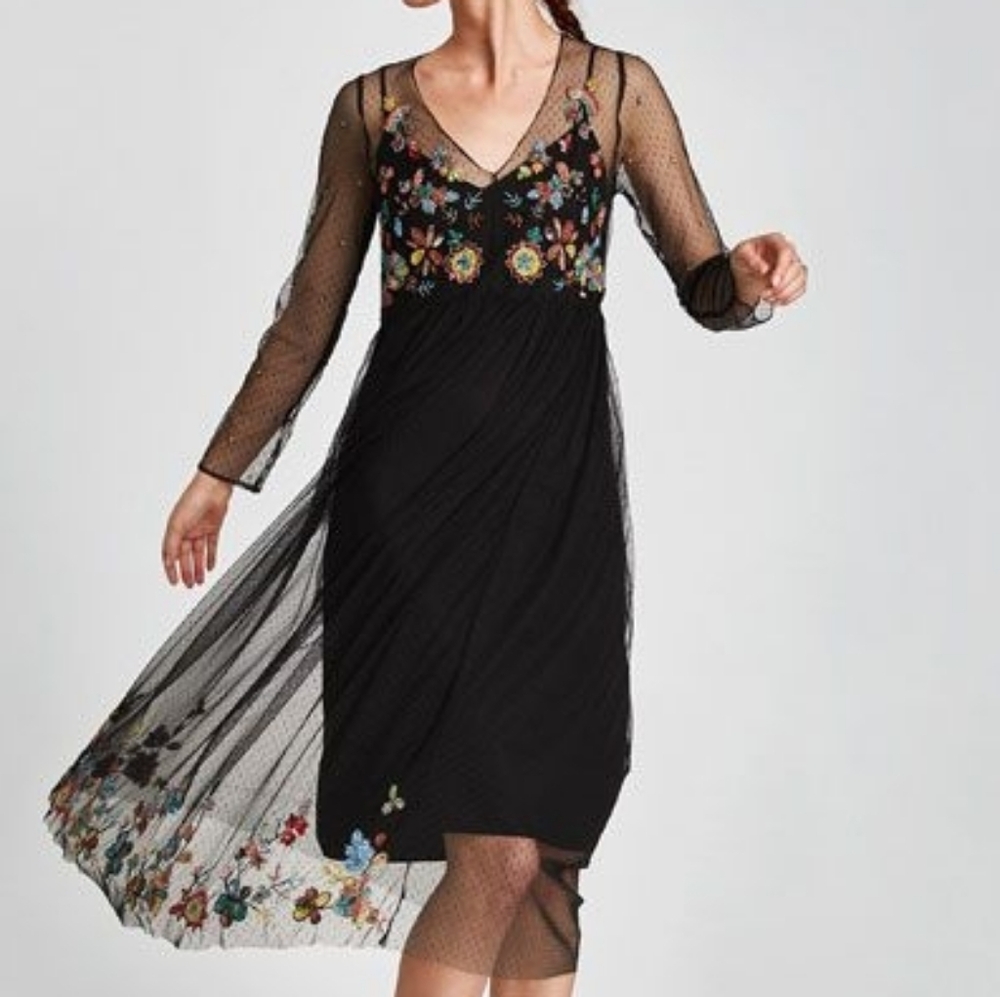 ZARA Floral Beaded Tulle Dress Sequin Mesh Sheer Midi Long Sleeve Plumeti - Picture 2 of 15